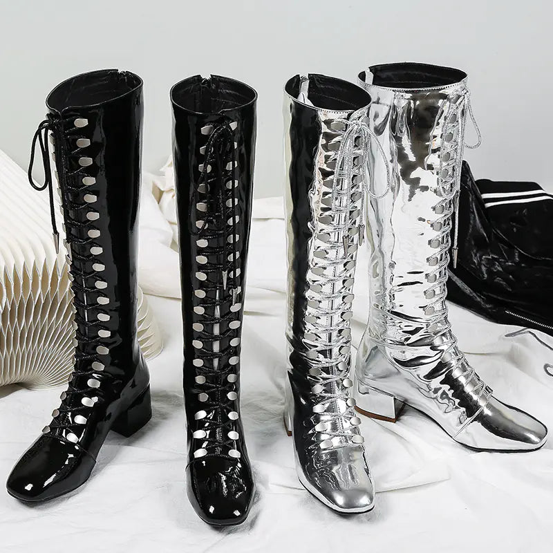 Mirror Patent Leather Silver Mid-Calf Chunky Heel Boots