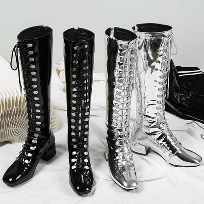 Mirror Patent Leather Silver Mid-Calf Chunky Heel Boots