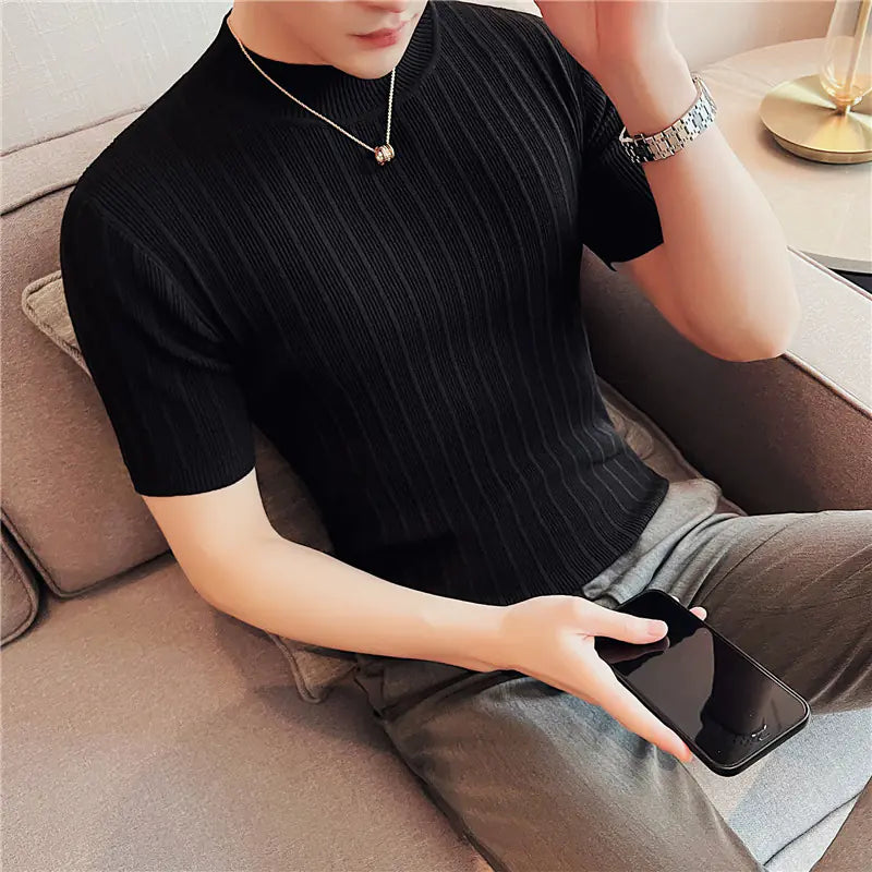 Men's High Collar Slim Fit Striped Knit Shirt Set sizes from M to XXXXL