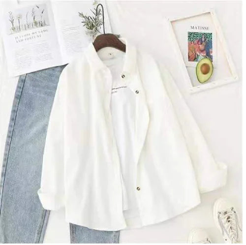 Solid Color White Button-Up Shirt for Women