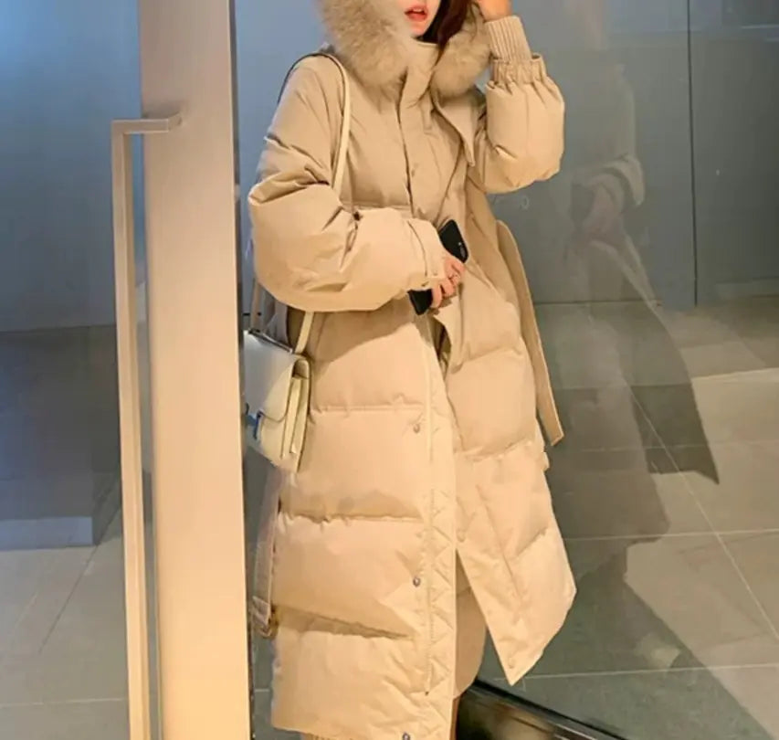 Women's Mid-Length Down Jacket with Over-the-Knee Fur Collar – Gratis Wereldwijde Verzending