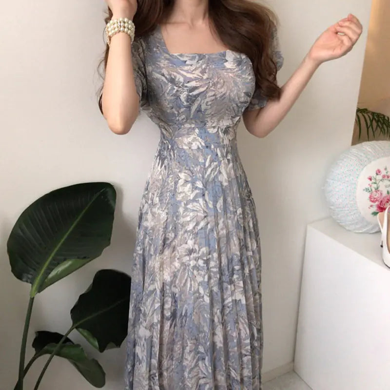 Korean Chic French Style Floral Chiffon Midi Dress