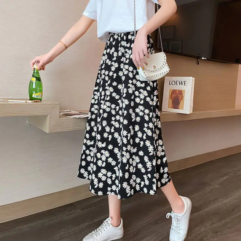 High Waist Chiffon Daisy A-line Mid-length Dress