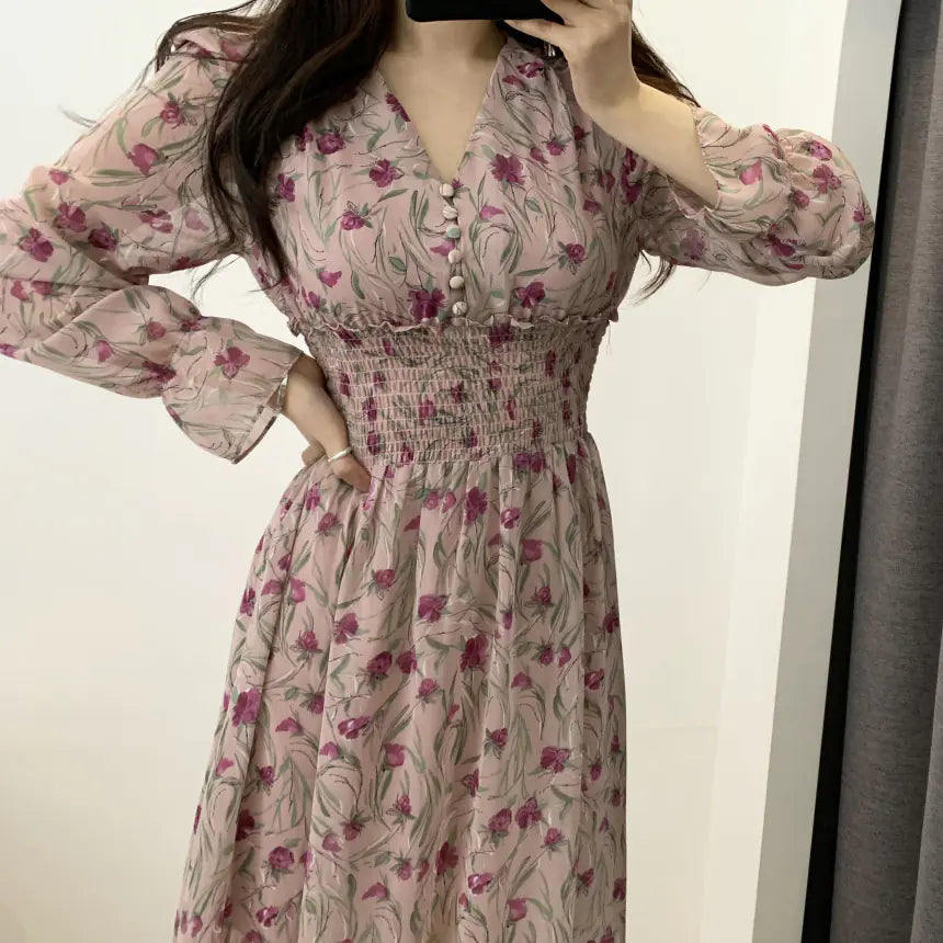 Sweet V-Neck Long Sleeve Floral Chiffon Dress