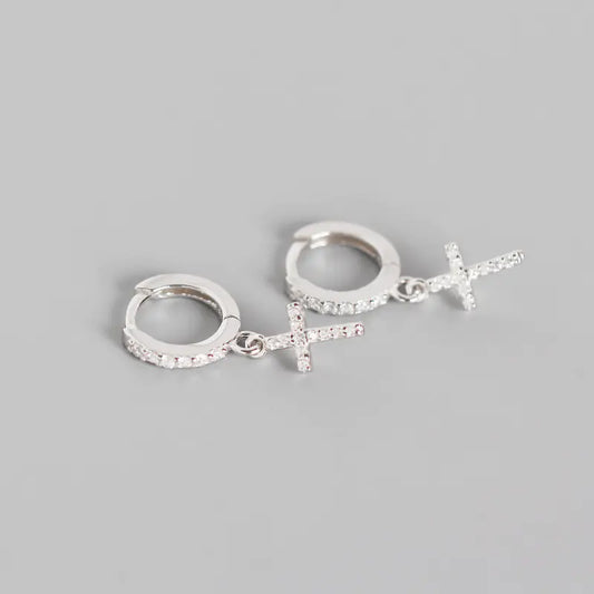 S925 Silver Geometric Cross Diamond Hoop Earrings