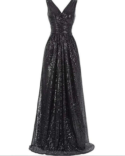 V-Neck Slimming Long Sequin Evening Dress