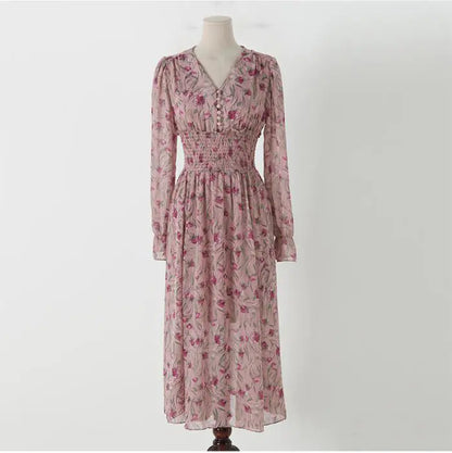 Sweet V-Neck Long Sleeve Floral Chiffon Dress