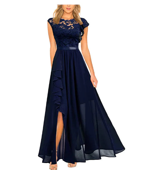 Elegant Long Cocktail Dress with Lace and Chiffon