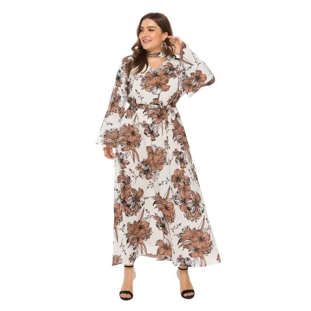 Plus Size Boho Floral Maxi Dress with Choker Neckline