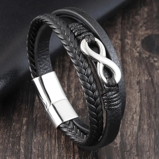 Genuine Leather Braided Men's Bracelet with Steel Accent