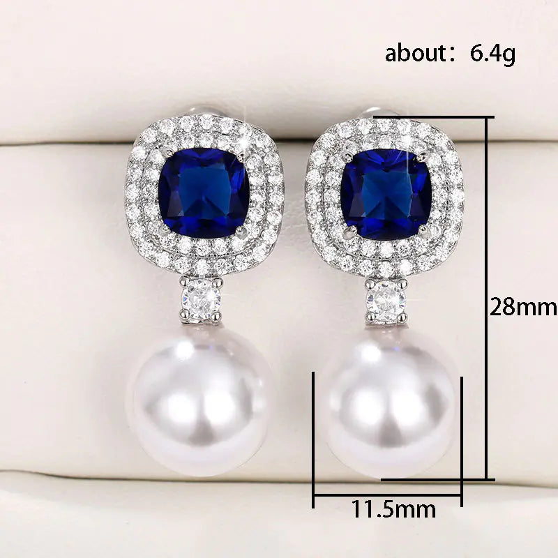 Elegant Pearl Earrings with Blue Zirconia Inlay