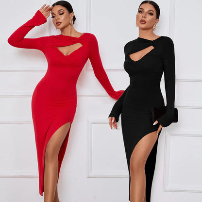 Slim Fit Women's Maxi Dress with Long Sleeves and Slit