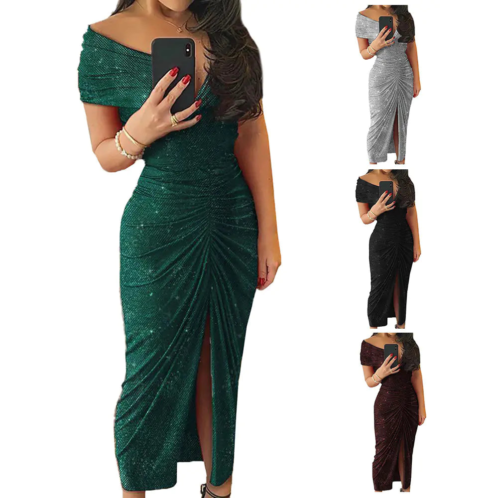 2020 New V-Neck Sequin Evening Dress with Shoulder Cutouts