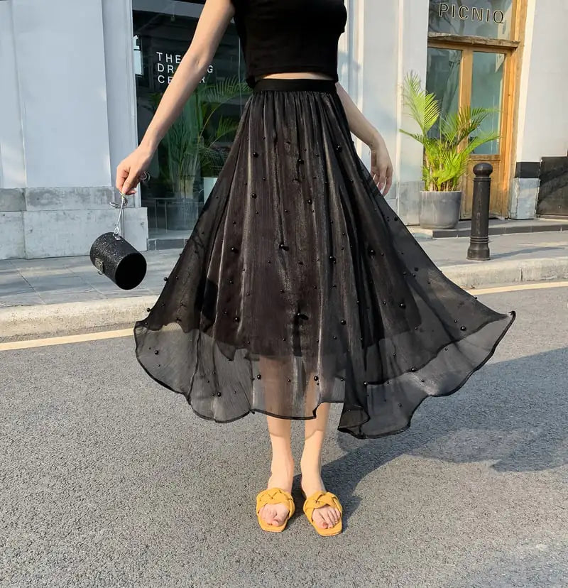 Mid-Length High Waist Chiffon A-Line Beaded Skirt