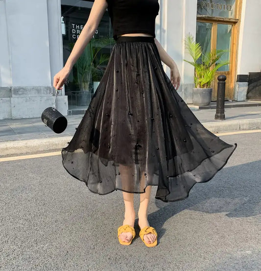 Mid-Length High Waist Chiffon A-Line Beaded Skirt