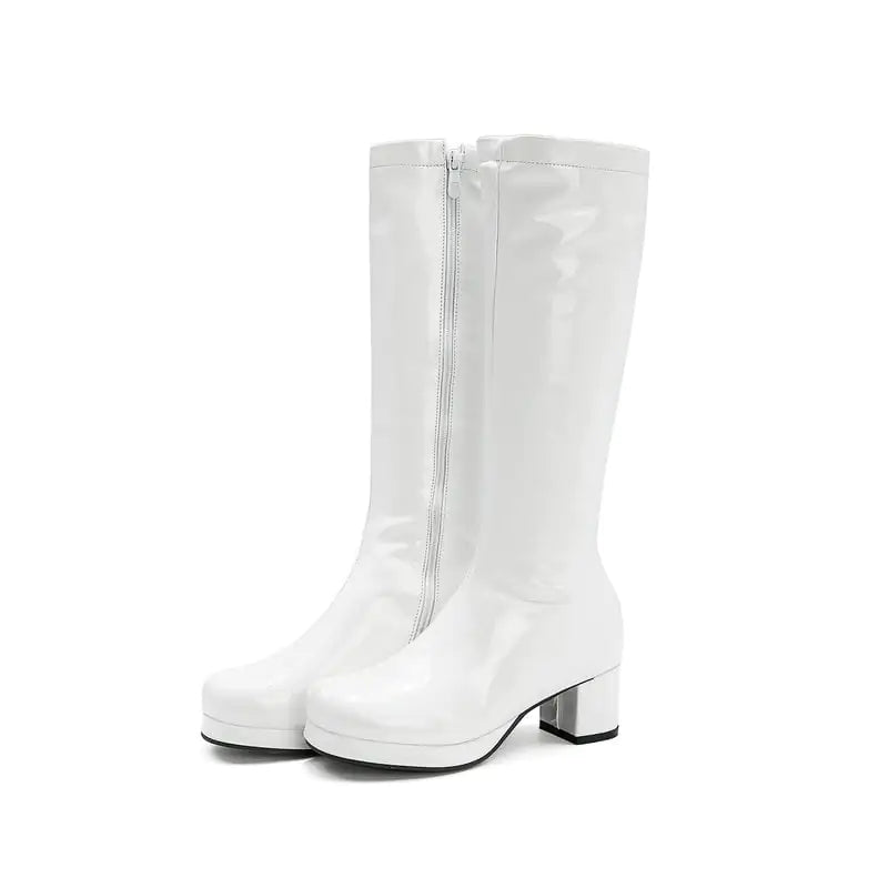 Chunky Heel Patent Leather Mid Calf Women's Boots