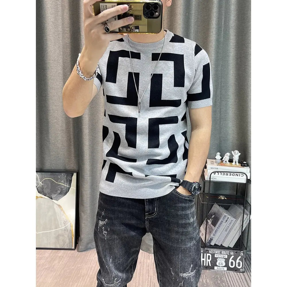 Men's Knitted Short Sleeve T-Shirt - Slim Fit Sweater