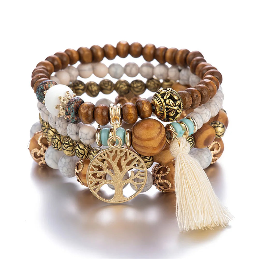 Boho Wooden Beaded Bracelet Set with Tree of Life Charm