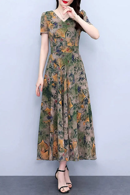 Plus Size Chiffon Floral Dress for Spring and Autumn sizes L, M, and XL,