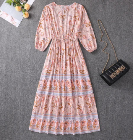 V-neck High Waist Bohemian Mid-length A-line Dress