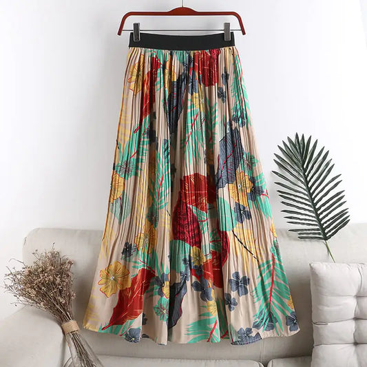 High Waist Floral A-line Chiffon Pleated Skirt
