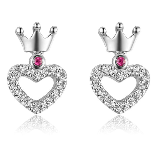S925 Silver Crown Stud Earrings with Heart Zirconia