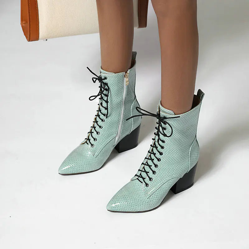 Women's Chunky Heel Lace-Up Martin Boots (Snake Print)