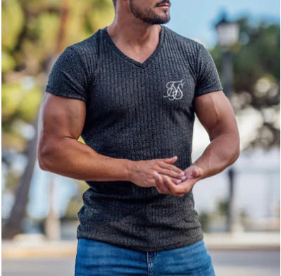 Men's Summer Athletic Slim Fit V-Neck T-Shirt with Logo