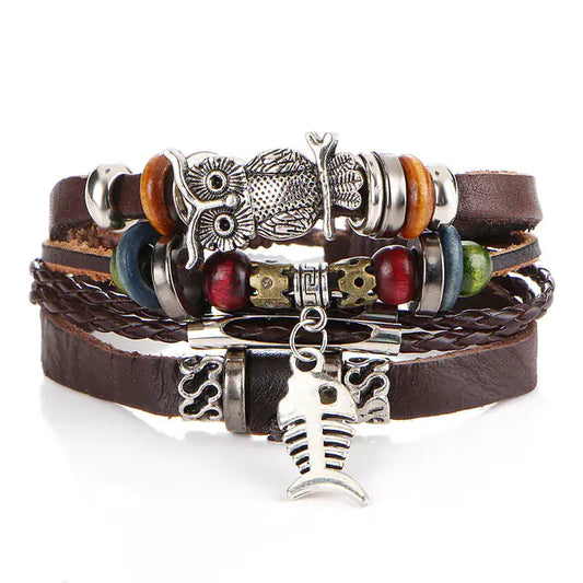 Boho Multilayer Leather Bracelets with Fish Charm Set