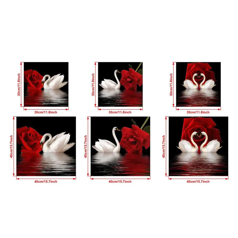 3pcs Canvas Posters - Romantic Swans & Red Roses Art