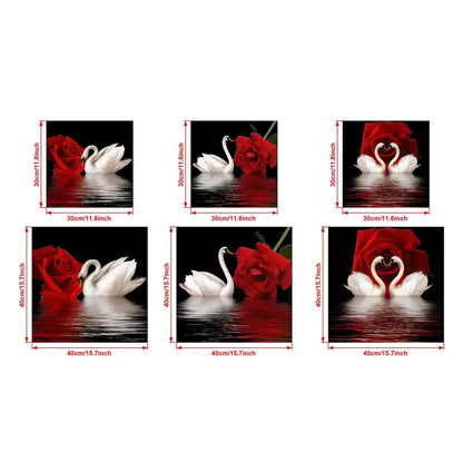 3pcs Canvas Posters - Romantic Swans & Red Roses Art