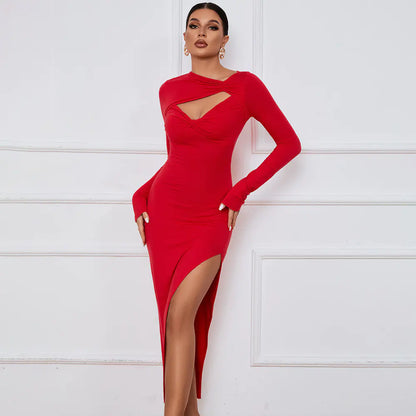 Slim Fit Women's Maxi Dress with Long Sleeves and Slit