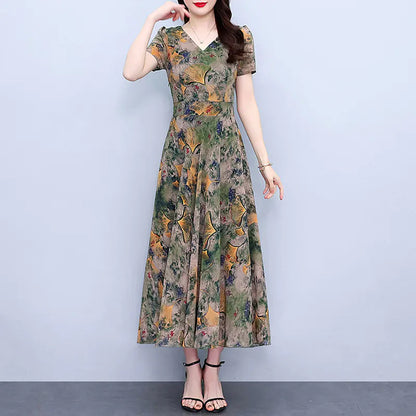 Plus Size Chiffon Floral Dress for Spring and Autumn sizes L, M, and XL,