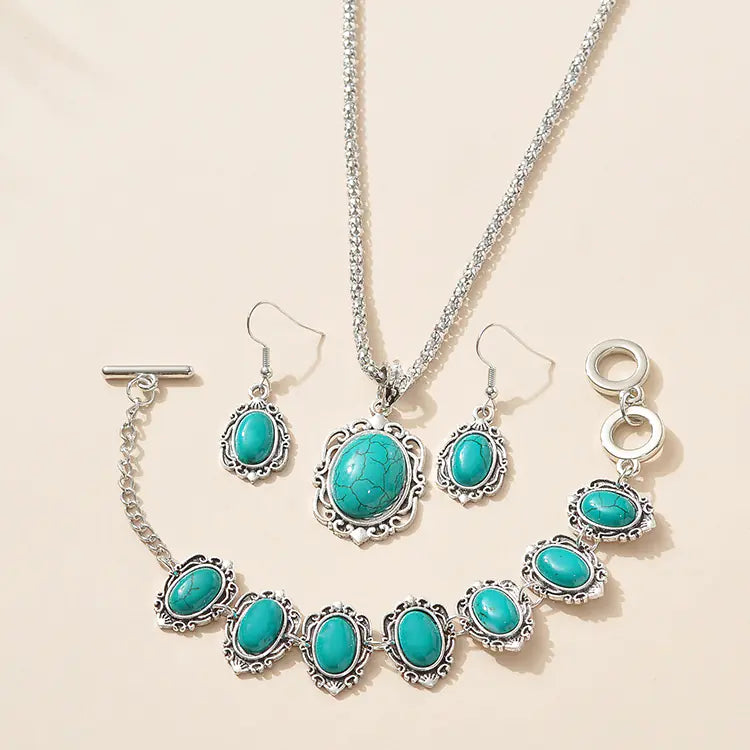 Bohemian Turquoise Jewelry Set: Necklace, Bracelet, Earrings