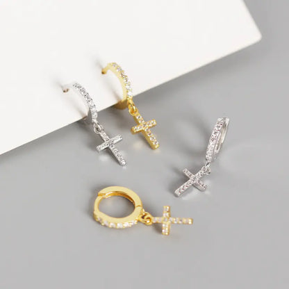 S925 Silver Geometric Cross Diamond Hoop Earrings