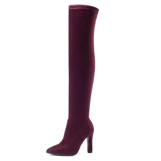 Women’s Suede High Boots – Pointed Toe & Chunky Heel