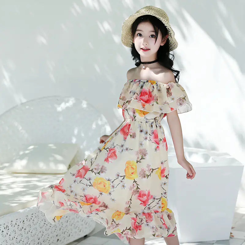 Thai Style Beach Dress for Girls - Summer Floral Chiffon sizes ranging from 120cm to 160cm