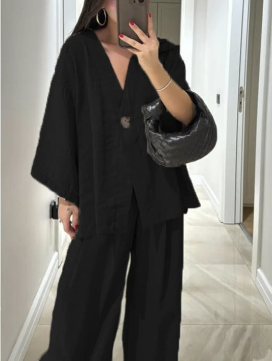 Women's V-Neck Wide Leg Pants Set