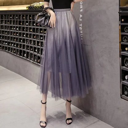 Gradient Tulle Midi Skirt, High-Waisted Flowing Design