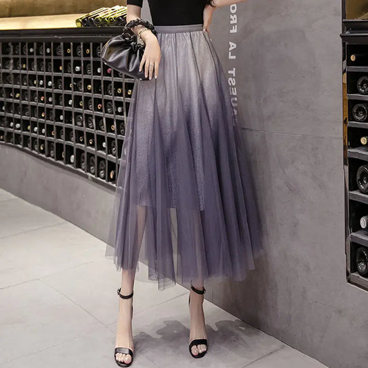 Gradient Tulle Midi Skirt, High-Waisted Flowing Design