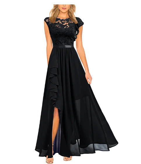 Elegant Long Cocktail Dress with Lace and Chiffon