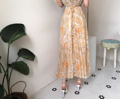 Korean Chic French Style Floral Chiffon Midi Dress