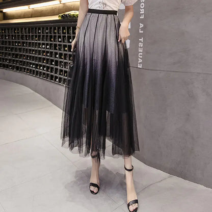 Gradient Tulle Midi Skirt, High-Waisted Flowing Design
