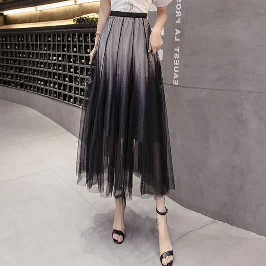 Gradient Tulle Midi Skirt, High-Waisted Flowing Design