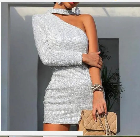 Fashionable Off-Shoulder Silver Thread Bodycon Dress f sizes from S to XL