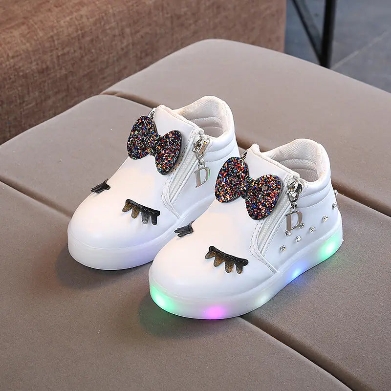 Girls' LED Light-Up Sneakers with Rhinestones and Bow children aged 1 to 6 years,
