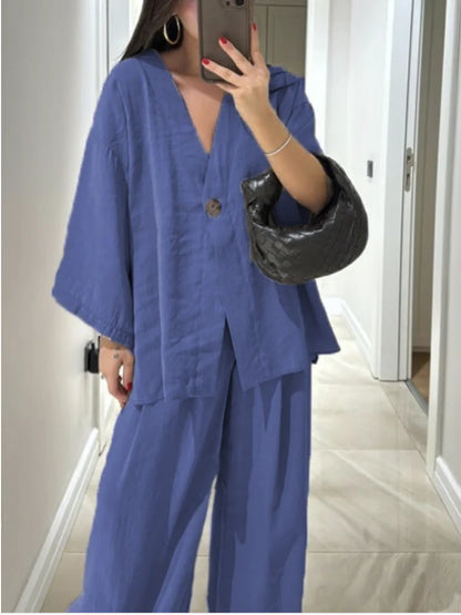 Women's V-Neck Wide Leg Pants Set