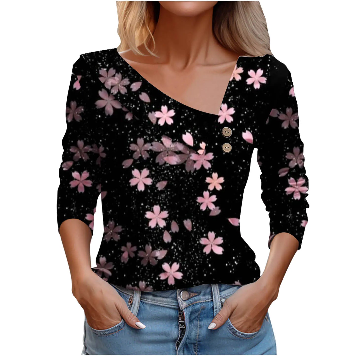 Women's Long Sleeve V-Neck Sunflower Print Top