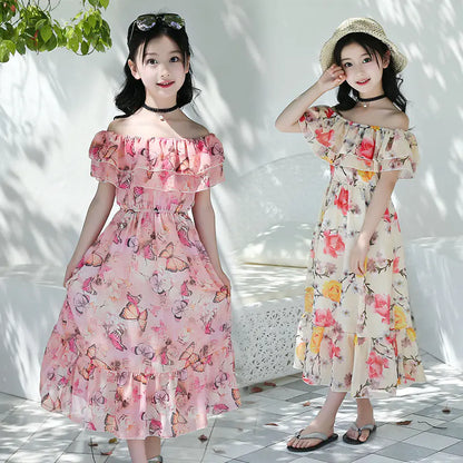 Thai Style Beach Dress for Girls - Summer Floral Chiffon sizes ranging from 120cm to 160cm