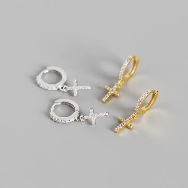 S925 Silver Geometric Cross Diamond Hoop Earrings